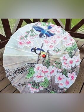Floral Cherry Blossom Umbrella with Blue Bird Design
